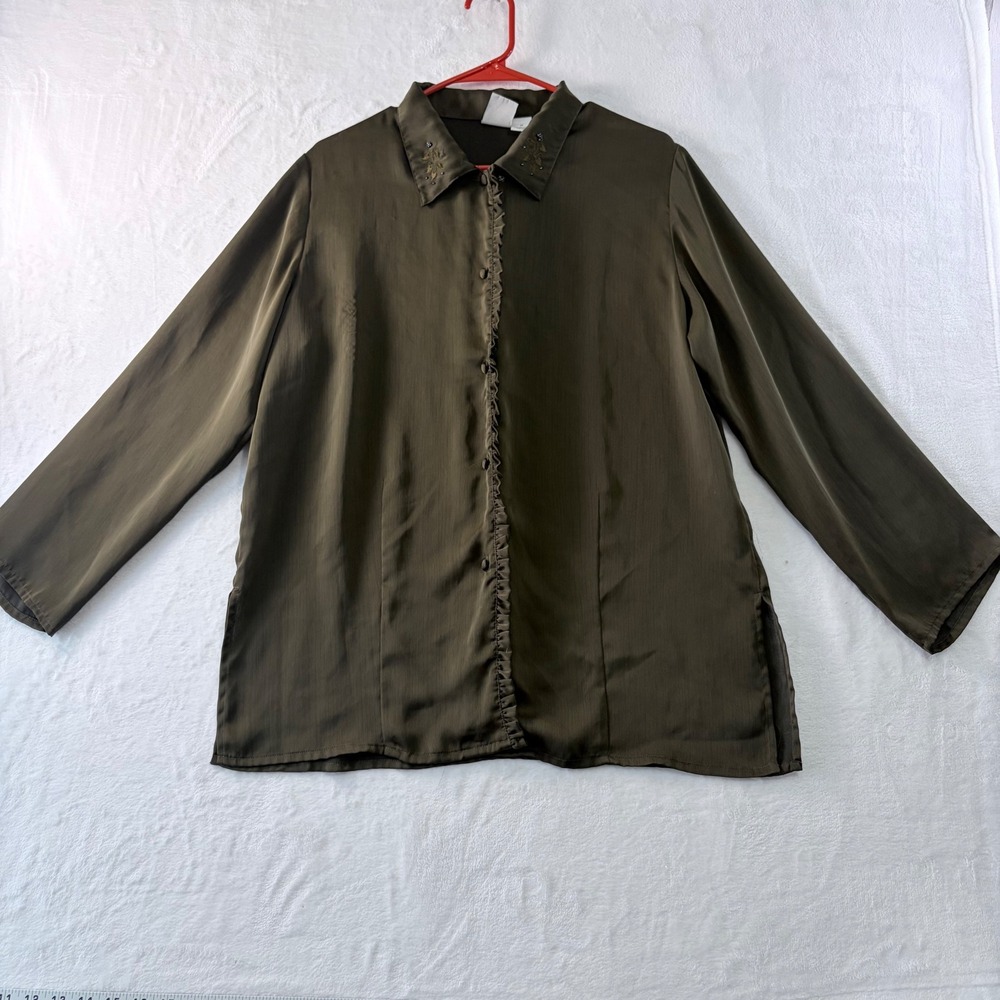 P Intimates‎ Blouse Olive Green Button Up Embroidered Collar Ruffle Womens M